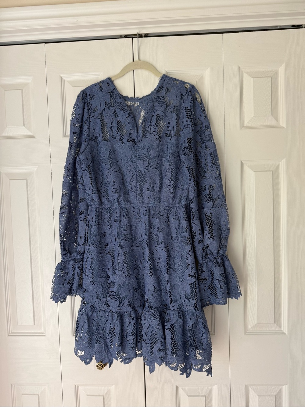 Aqua Dusty Blue Lace Long Sleeve Ruffle Dress